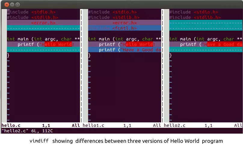 vimdiff showing three versions of Hello World program